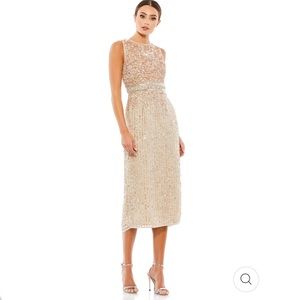 Mac Duggal Beige Sequin Midi Dress